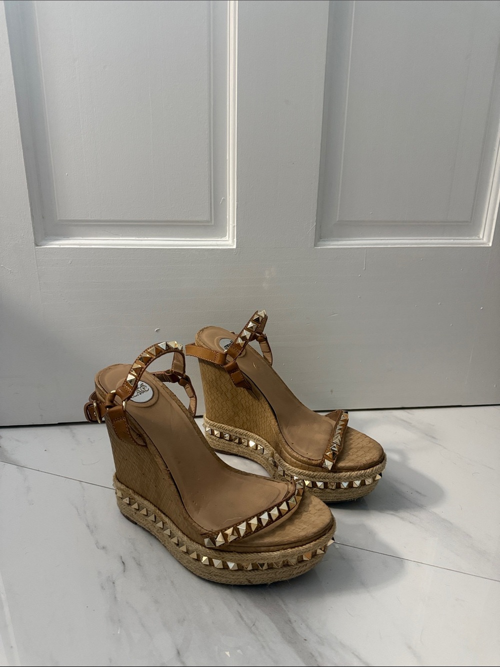 Studded Tan Wedge Sandals